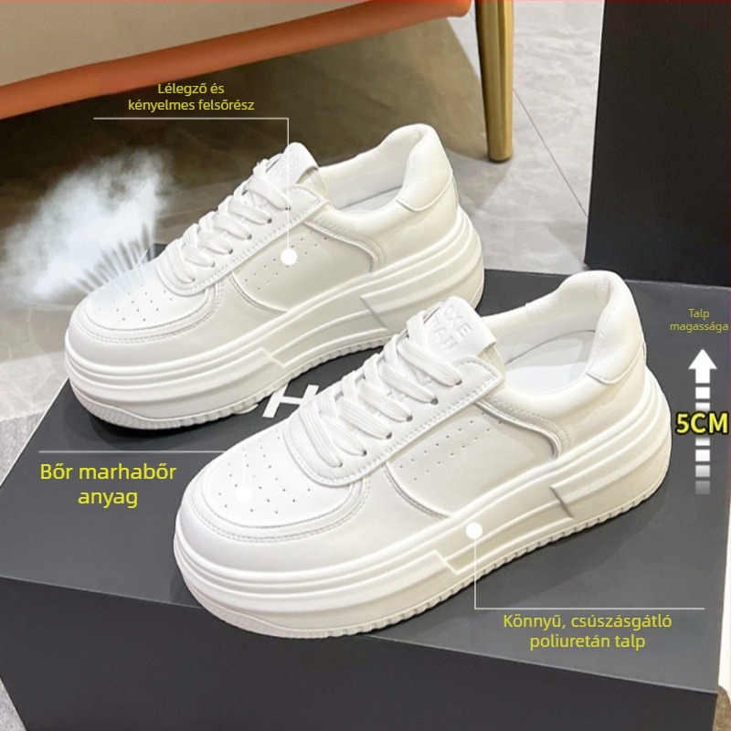 Női fehér bőr sneakers vastag talppal, 2025 nyár, kényelmes és légáteresztő sportcipő