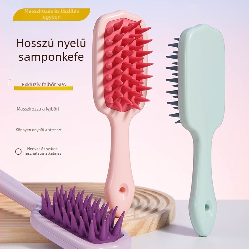 Szilikon masszázs samponkefe hosszú nyéllel, fejmasszírozó fésű, hajápolási eszköz, puha és kényelmes.