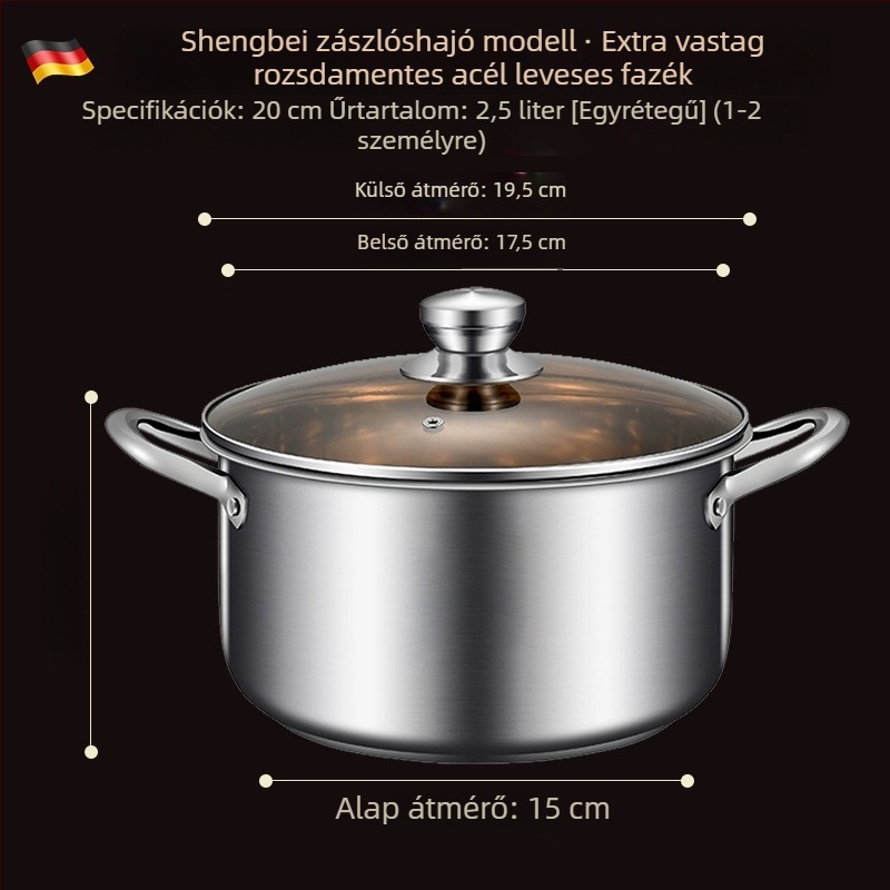 Rozsdamentes acél leveses fazék, vastagított aljjal, kompakt párolóedény, indukciós főzőlaphoz kompatibilis, élelmiszer-minőségű, sokoldalú fazék levesekhez és tészta főzéséhez, gáztűzhelyhez tervezve