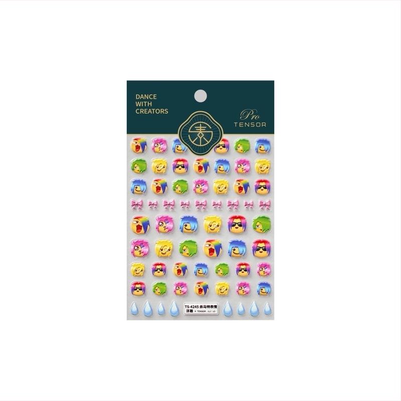 Trendi rajzfilmszerű emoji körömdíszítő matricák, M1316, színes átmenetes avatar dizájn
