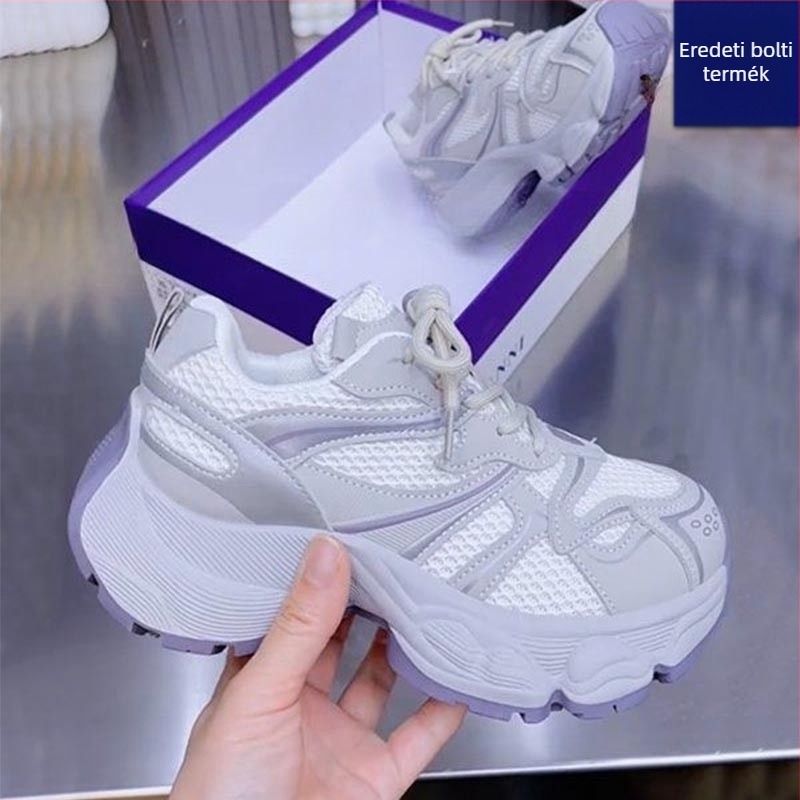 Női dad sneakers, 2025 tavasz-nyár, légáteresztő hálós felsőrész, vastag talp a magasság növeléséért, mindennapi sportcipő
