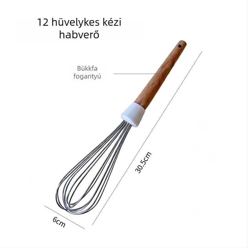 9 hüvelykes kézi tojásverő bükkfa/akácfa, rozsdamentes acél fejjel, tejszín felverésére és torta keverésére