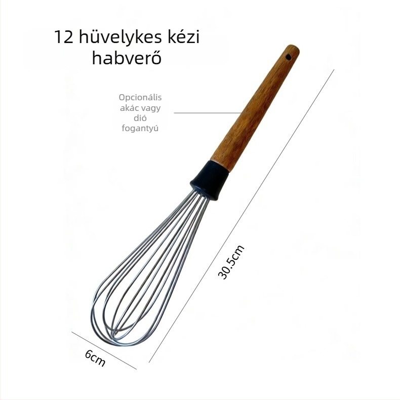 9 hüvelykes kézi tojásverő bükkfa/akácfa, rozsdamentes acél fejjel, tejszín felverésére és torta keverésére