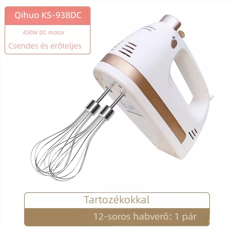 KS-938DC elektromos kézi mixer rozsdamentes acél keverőfejekkel, 450W, alacsony zajszint, sütéshez