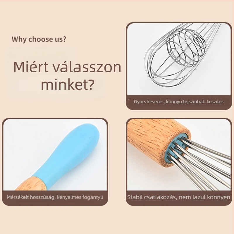Rozsdamentes acél kézi tojásfelverő, 6 huzal, 25–30 cm, tejszínhabhoz, háztartási használatra