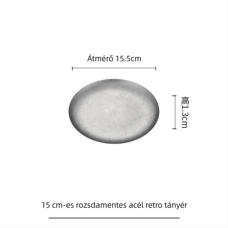 304 rozsdamentes acél desszerttál, tortatál és sekély kerek tál retró ipari stílusú kávézókhoz és nyugati konyhákhoz, grillhús tányér.