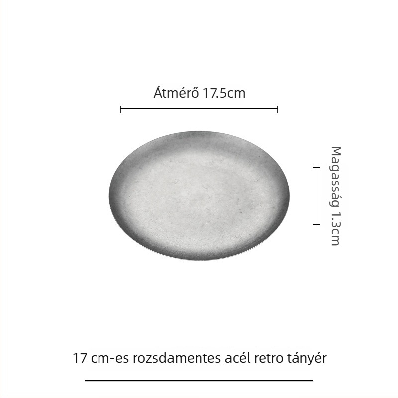 304 rozsdamentes acél desszerttál, tortatál és sekély kerek tál retró ipari stílusú kávézókhoz és nyugati konyhákhoz, grillhús tányér.