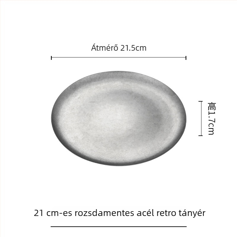 304 rozsdamentes acél desszerttál, tortatál és sekély kerek tál retró ipari stílusú kávézókhoz és nyugati konyhákhoz, grillhús tányér.