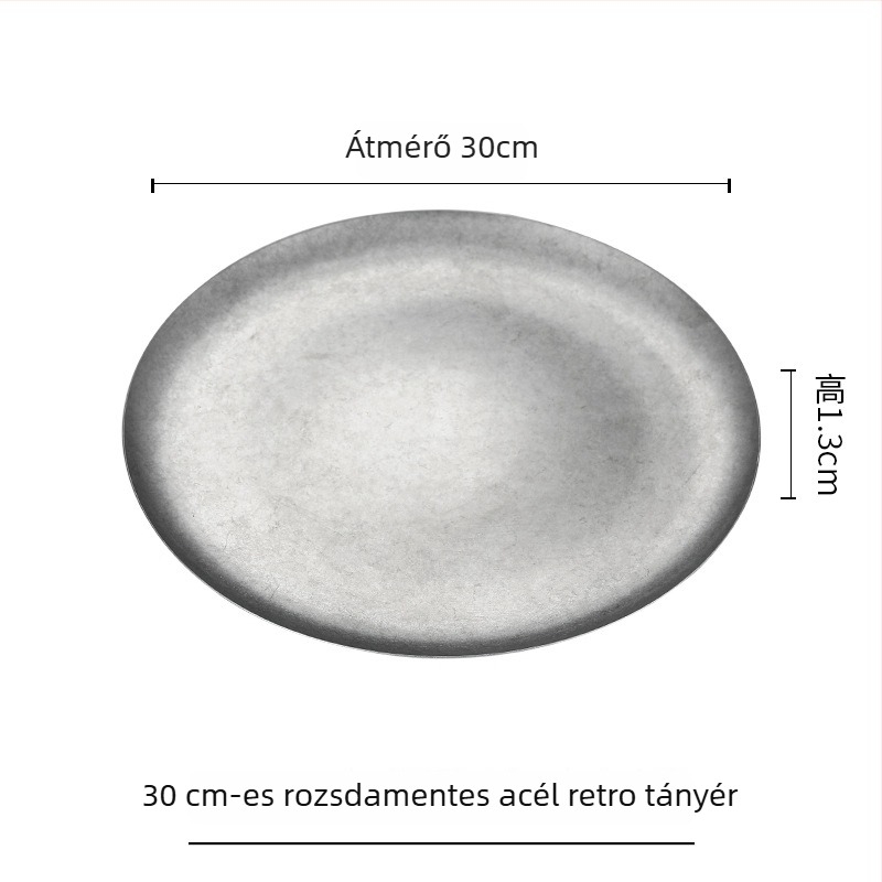 304 rozsdamentes acél desszerttál, tortatál és sekély kerek tál retró ipari stílusú kávézókhoz és nyugati konyhákhoz, grillhús tányér.