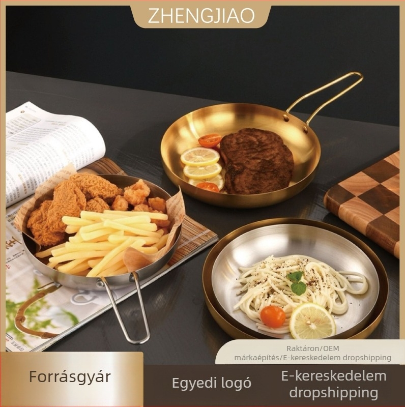Koreai stílusú kerek rozsdamentes acél tál fogantyúval, arany színű, 18–19 cm átmérő, steakhez, barbecue-hoz és desszertekhez