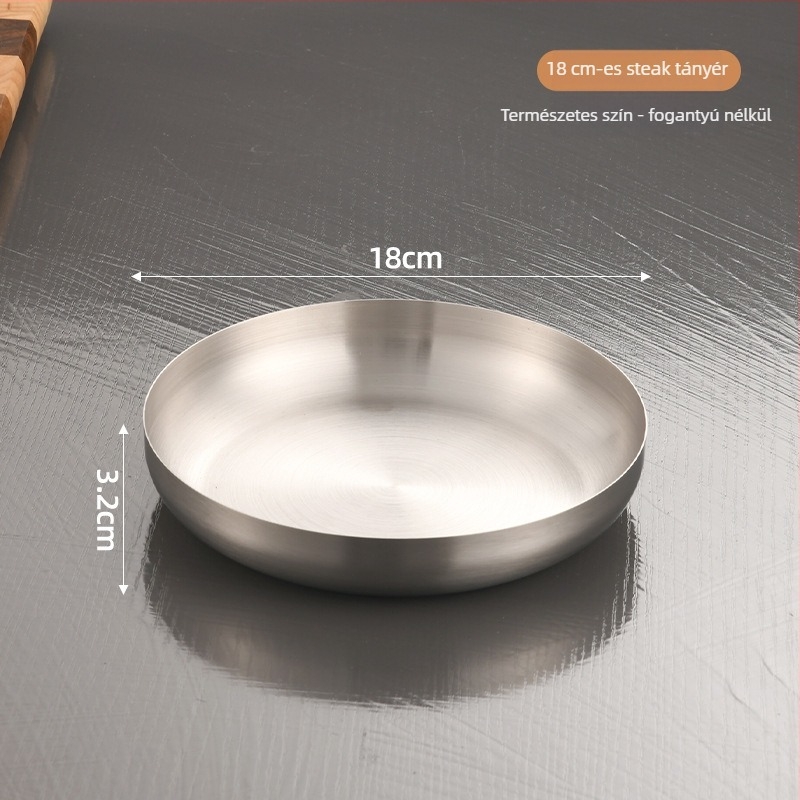 Koreai stílusú kerek rozsdamentes acél tál fogantyúval, arany színű, 18–19 cm átmérő, steakhez, barbecue-hoz és desszertekhez