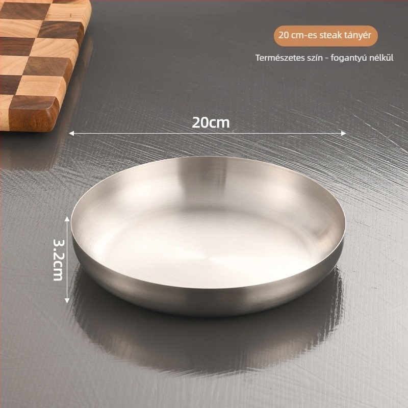 Koreai stílusú kerek rozsdamentes acél tál fogantyúval, arany színű, 18–19 cm átmérő, steakhez, barbecue-hoz és desszertekhez
