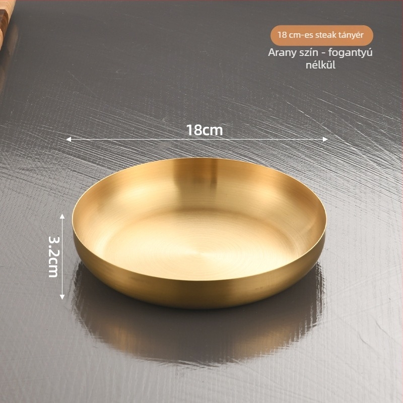 Koreai stílusú kerek rozsdamentes acél tál fogantyúval, arany színű, 18–19 cm átmérő, steakhez, barbecue-hoz és desszertekhez