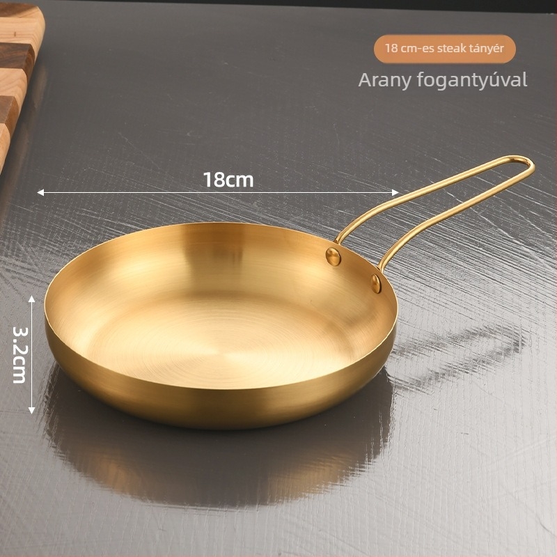 Koreai stílusú kerek rozsdamentes acél tál fogantyúval, arany színű, 18–19 cm átmérő, steakhez, barbecue-hoz és desszertekhez