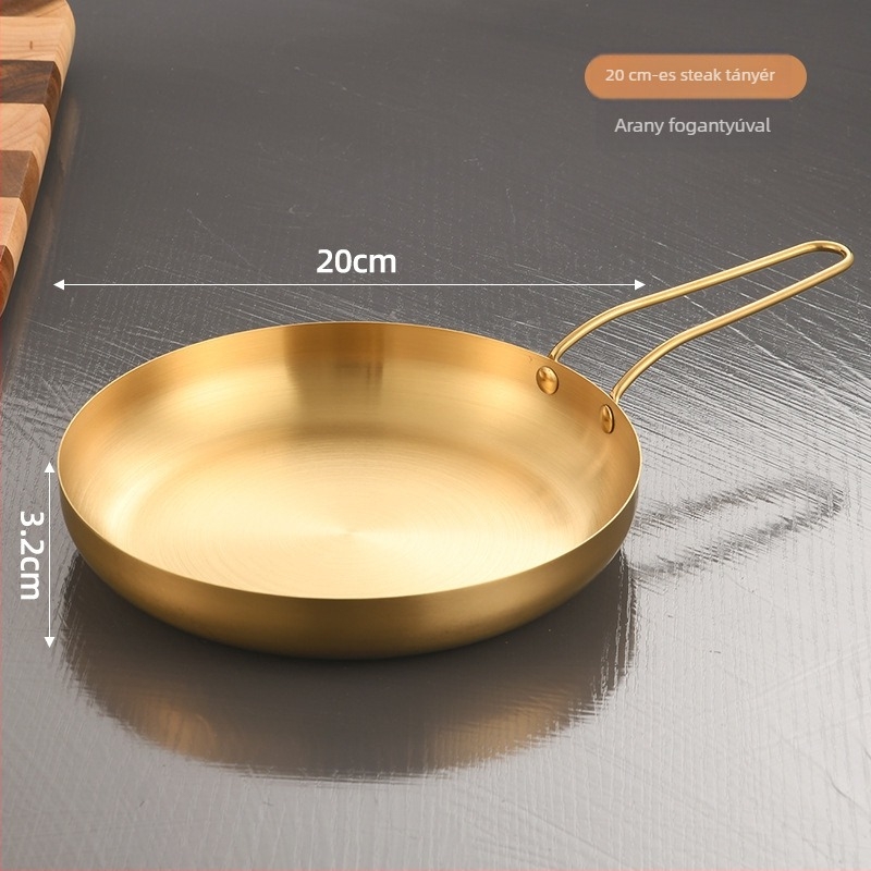 Koreai stílusú kerek rozsdamentes acél tál fogantyúval, arany színű, 18–19 cm átmérő, steakhez, barbecue-hoz és desszertekhez