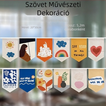 Színes textilból készült ajtófüggöny háromszög zászlókkal, girlandás dekoráció a konyha elválasztóhoz, vízszintes felakasztás