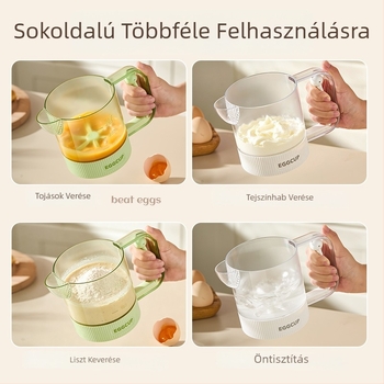 Félig automata tojáshabosító, kézi konyhai keverőedény szűrővel és mérővel krémhez és tojásos keverékekhez