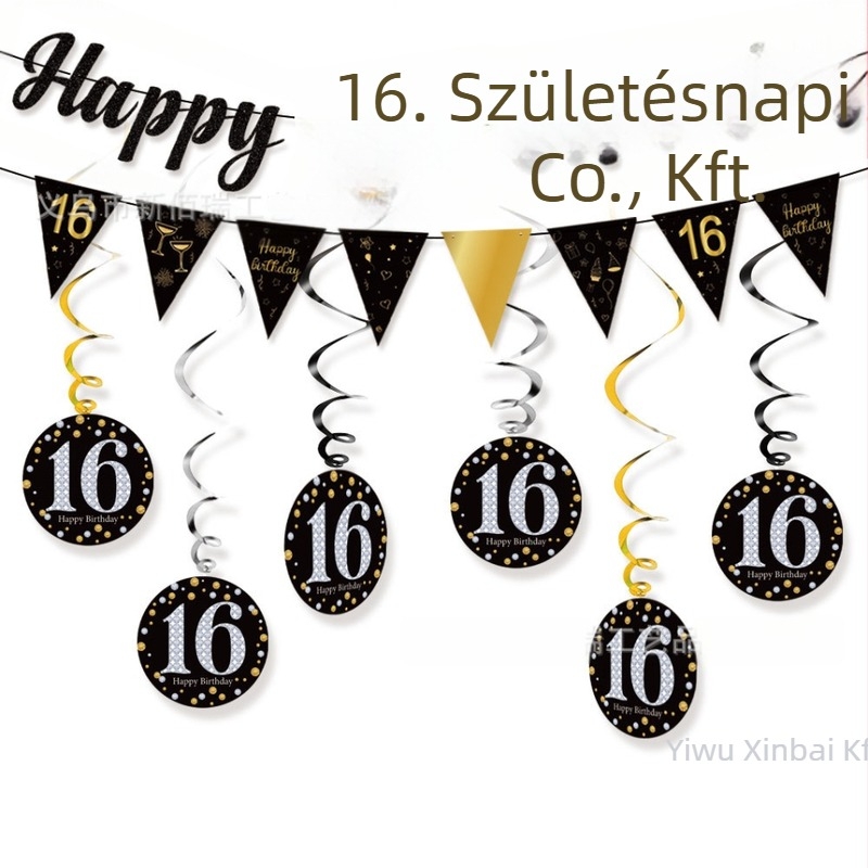 16 éves születésnapi dekorációs készlet spirálisan lógó díszekkel, fekete‑arany háromszög zászlókkal és háttérként szolgáló bannerrel
