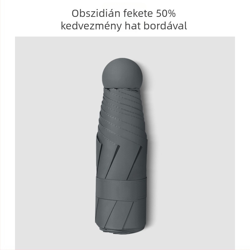 Kompakt zsebes esernyő fekete bevonattal nap- és esővédelemre, ceruza alakú, hat bordával, manuális nyitás, UV védelem UPF 50+, hordozható