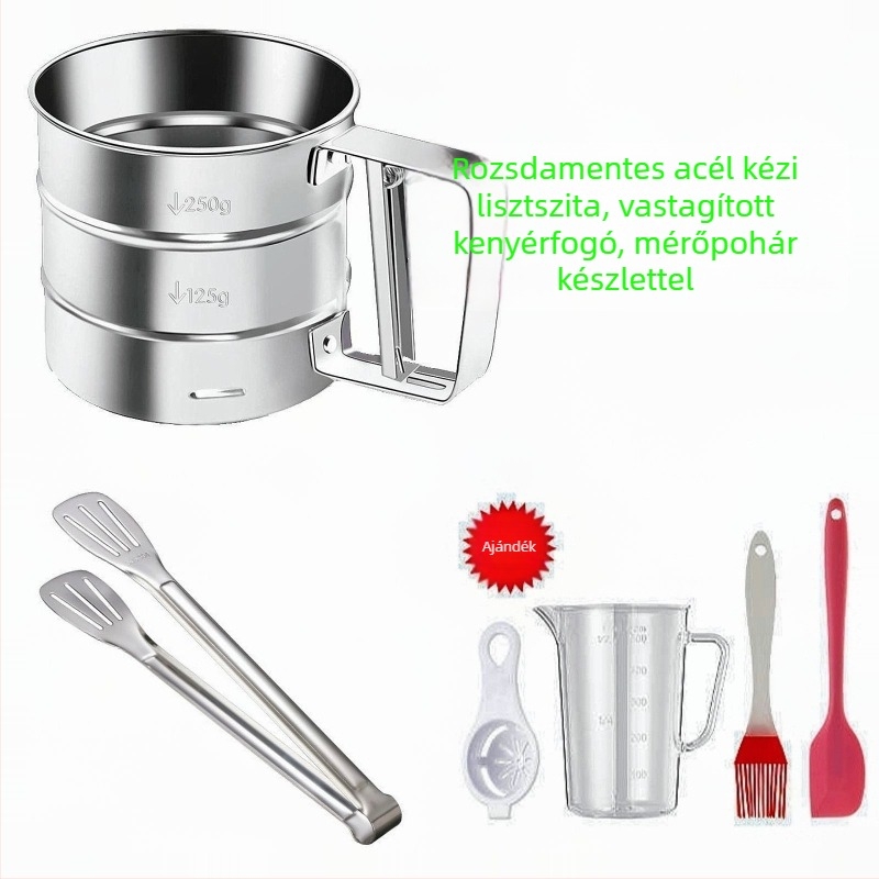 Liszt szita sütéshez, kézi, rozsdamentes acélból, fél-automata, vastag háló, ultra finom szita