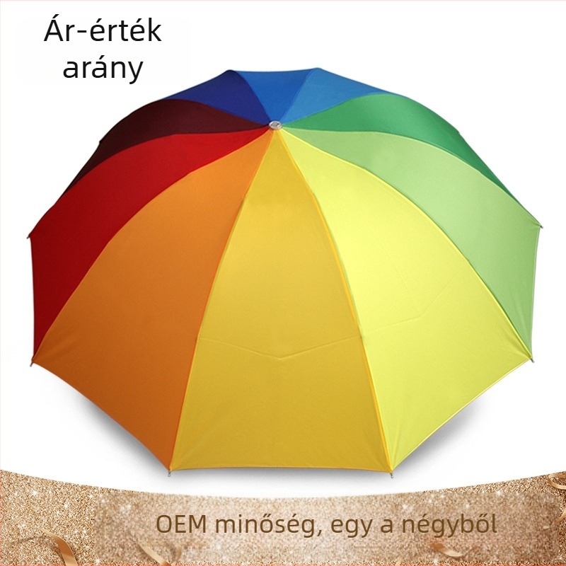 Nagy tízbordájú hajtogatható esernyő, szivárványos mintával, kézi működtetésű, háromrészes