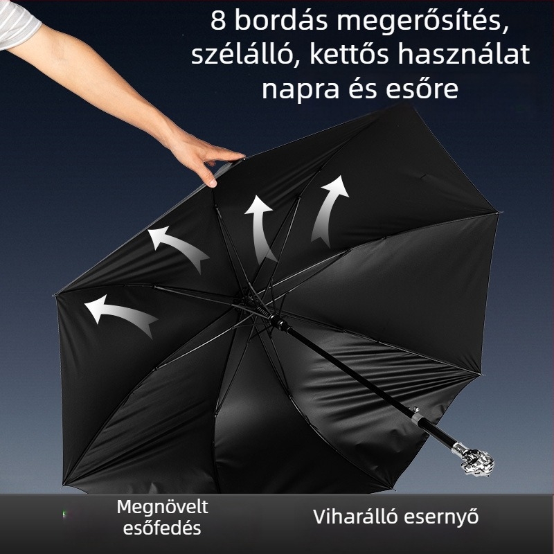 Hosszú nyeletű ernyő fém oroszlánfej díszítéssel és állatövi motívummal – prémium üzleti ajándék