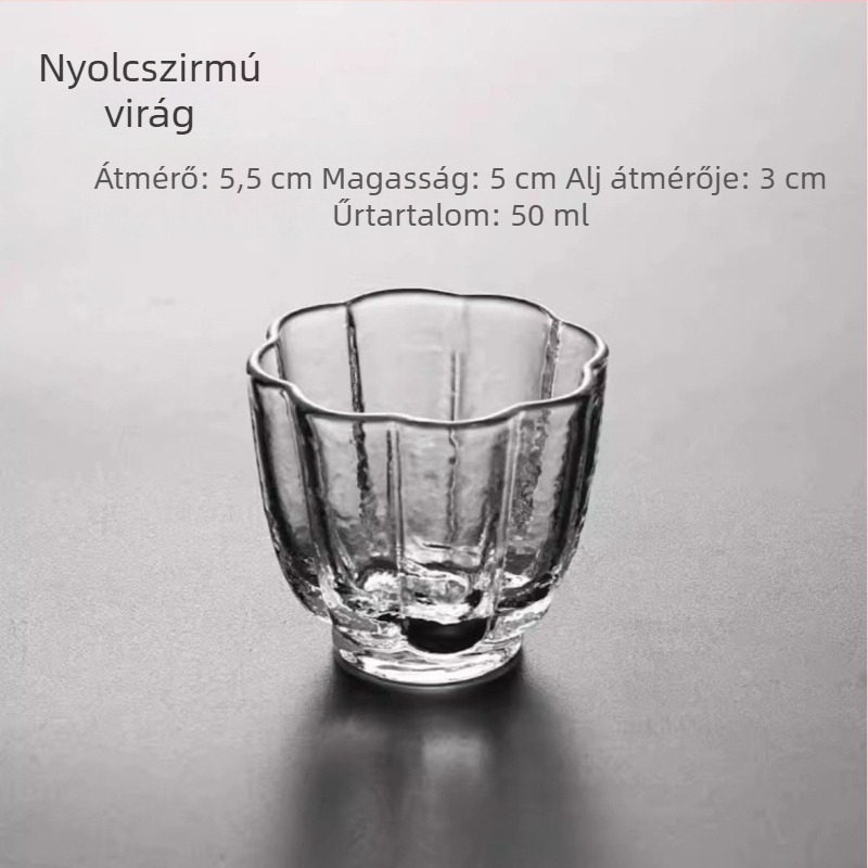 Japán stílusú teáscsésze kalapácsos mintázattal, boroszilikát üvegből, átlátszó, fogantyú nélküli