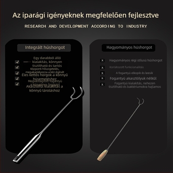 Rozsdamentes acél húska és hosszú nyelű húsvilla fa nyéllel grillhez