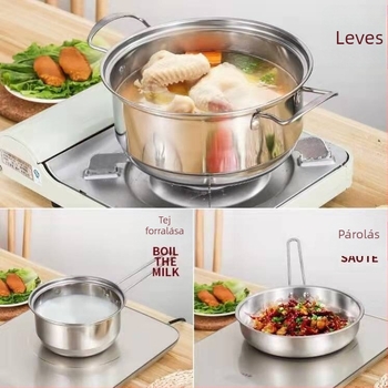 Rozsdamentes acélból készült 3 darabos edénykészlet: tejfőző fazék 18 cm, leveses fazék 22 cm, serpenyő 24 cm üvegfedővel