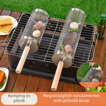 Rozsdamentes acél grillkosár, kör alakú, fa fogantyúval