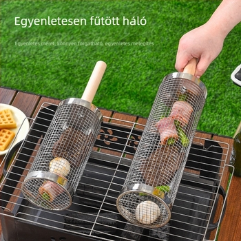 Rozsdamentes acél grillkosár, kör alakú, fa fogantyúval
