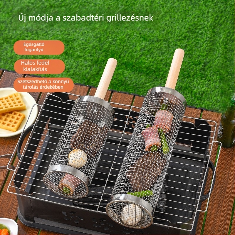 Rozsdamentes acél grillkosár, kör alakú, fa fogantyúval