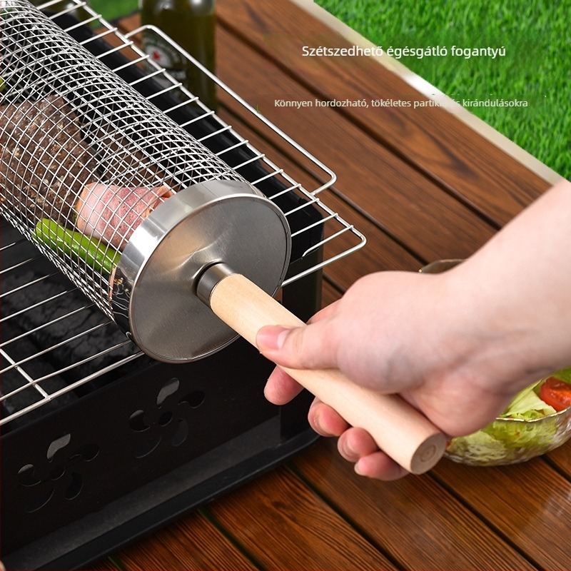 Rozsdamentes acél grillkosár, kör alakú, fa fogantyúval