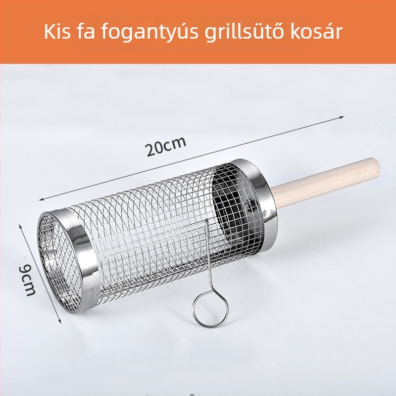 Rozsdamentes acél grillkosár, kör alakú, fa fogantyúval