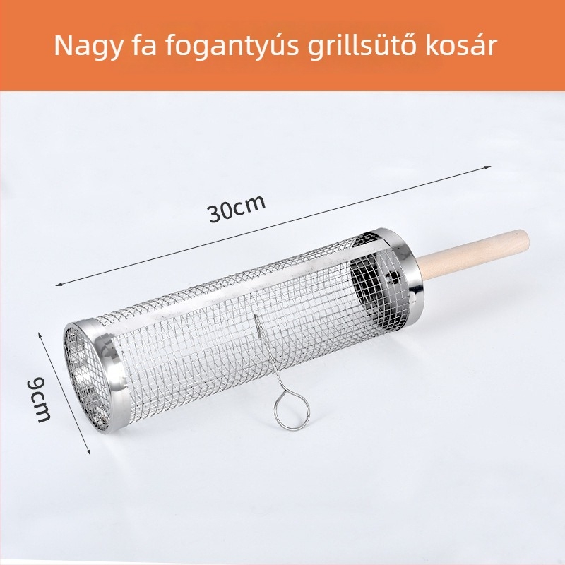 Rozsdamentes acél grillkosár, kör alakú, fa fogantyúval