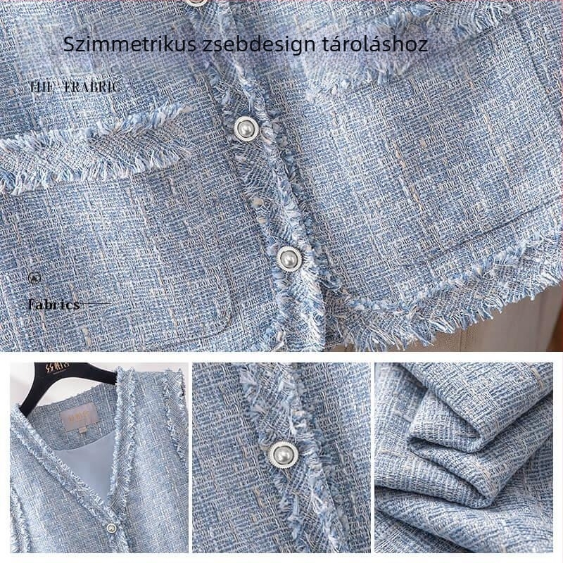 Női ujjatlan mellény V-nyakkal, 2025 tavasz, Chanel-stílusú, egy sor gombbal.
