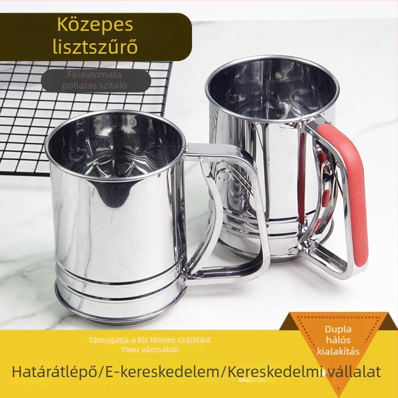 Rozsdamentes acélból készült liszt szita dupla rétegű szitával, sütéshez, háztartási használatra, fogantyúval