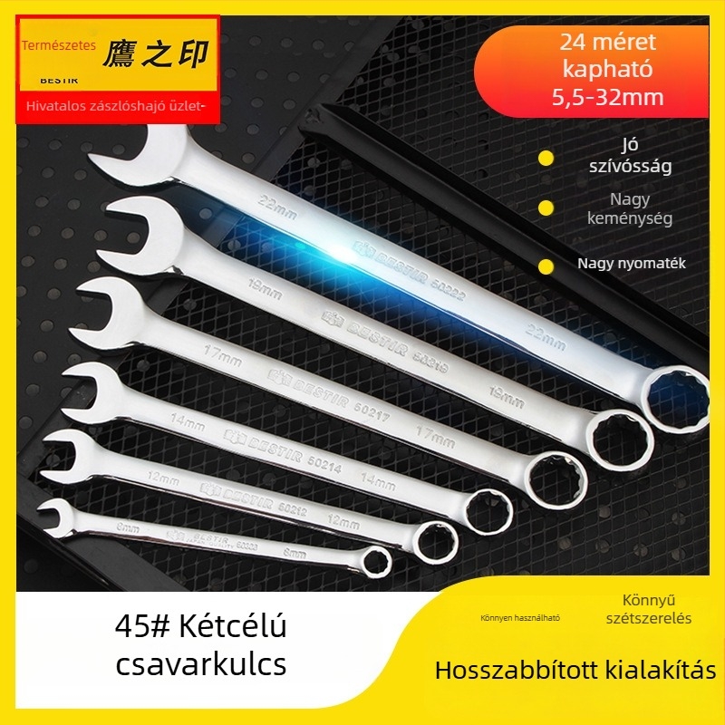 Kétfunkciós villáskulcs 17 mm és 19 mm nyílásokkal, hosszított autójavító eszköz