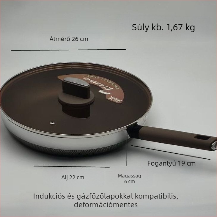 316 rozsdamentes acélból készült sík aljú, tapadásmentes serpenyő indukciós főzőfelülethez, ideális steakhez, gőzölt zsemléhez és palacsintákhoz