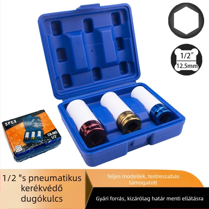 Új modell 3/5/7 darabos pneumatikus socket készlet autójavításhoz, 1/2 hüvelykes, színes, gumi védelem