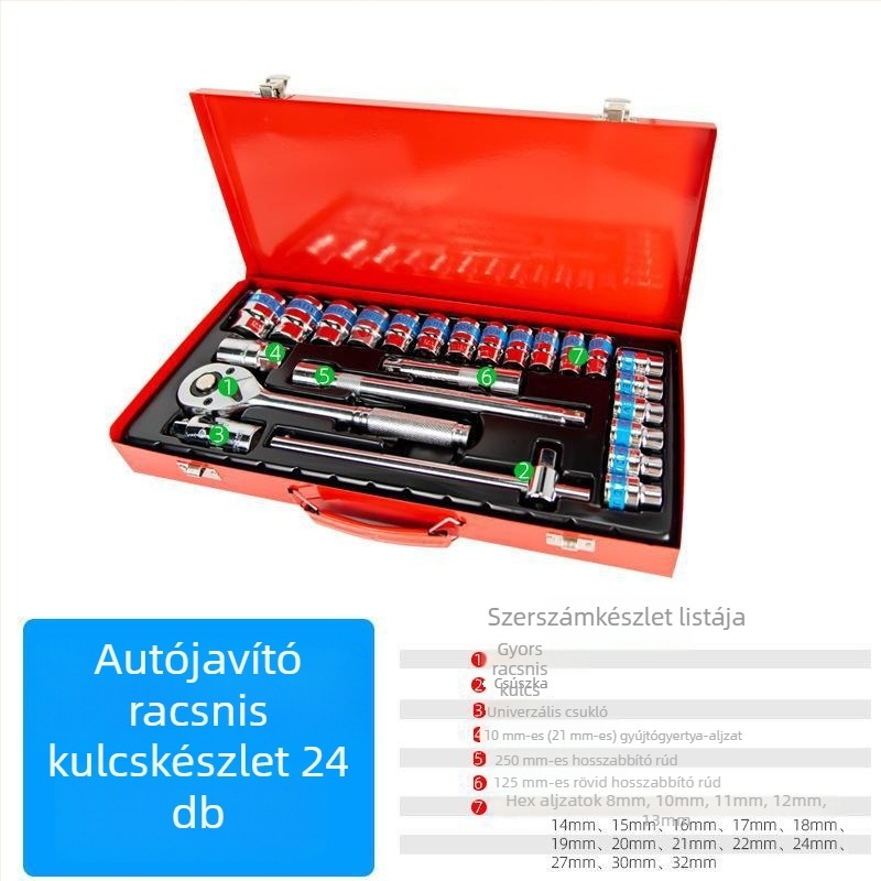 24 darabos racsnis kulcskészlet autójavításhoz