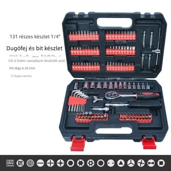131 részes autós szerszámkészlet: socket készlet, ratchet wrench és bitfejek