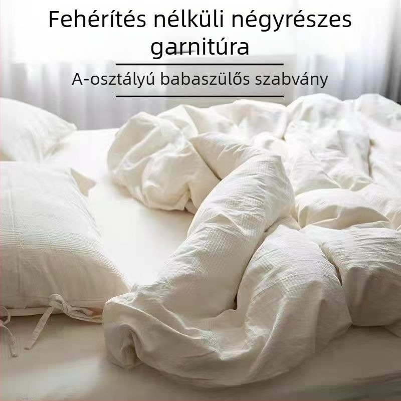 Pamut–len négy darabos ágyneműkészlet, japán minimalist stílus, fehér, lélegző. Tartalmaz lepedőt, ágyneműhuzatot és párnahuzatokat.