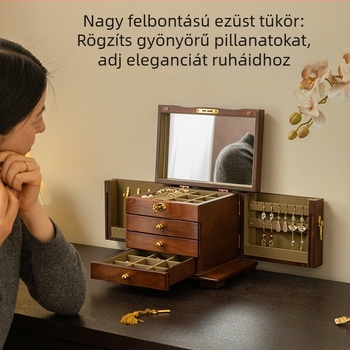 Tömörfa ékszerdoboz három rekesz, arany- és ékszerek tárolására, kiváló minőség, vintage stílus, ideális esküvői ajándék