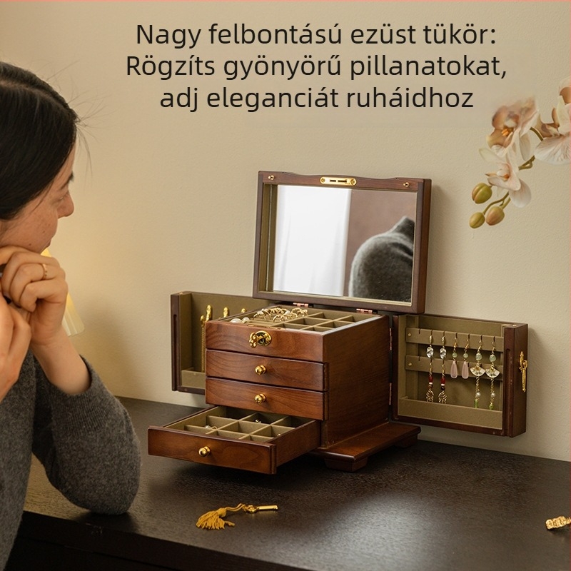 Tömörfa ékszerdoboz három rekesz, arany- és ékszerek tárolására, kiváló minőség, vintage stílus, ideális esküvői ajándék