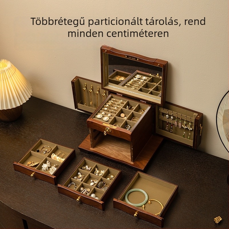 Tömörfa ékszerdoboz három rekesz, arany- és ékszerek tárolására, kiváló minőség, vintage stílus, ideális esküvői ajándék