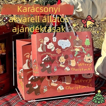 Akvarell karácsonyi állatos ajándéktáska, nagy kapacitású papírtáska