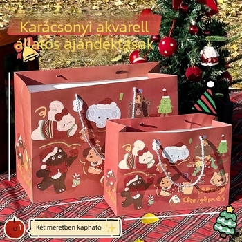 Akvarell karácsonyi állatos ajándéktáska, nagy kapacitású papírtáska