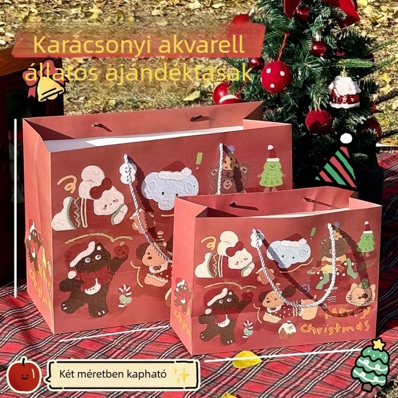 Akvarell karácsonyi állatos ajándéktáska, nagy kapacitású papírtáska