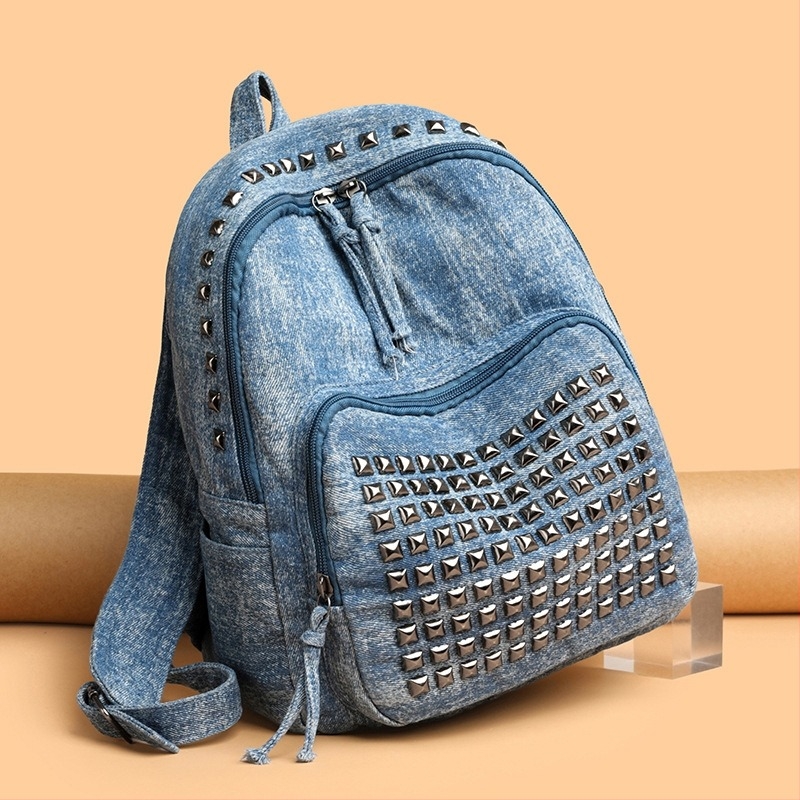 Női denim hátizsák utazáshoz, nagy kapacitású punk szegecs stílusú, 8 hüvelykes laptophoz való táska, városi minimál dizájn